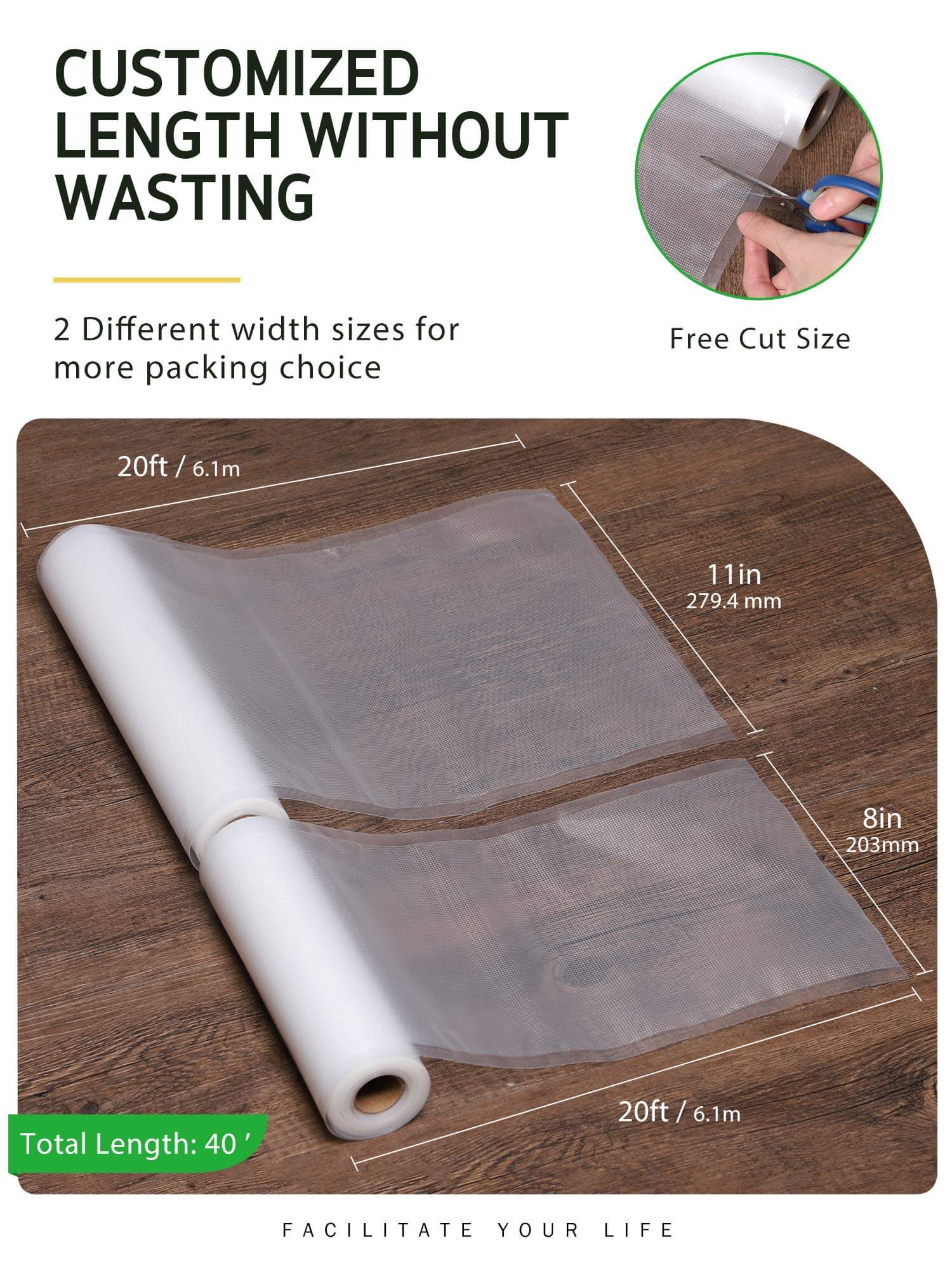 Syntus Vacuum Sealer Bags, 2 Pack 1 Roll 11 x 20' and 1 Roll 8 x 20' Commercial Grade Bag Rolls, Food Vac Bags for Storage, Meal Prep or Sous Vide